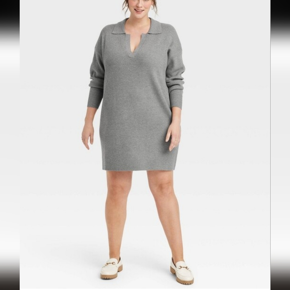 A New Day Women's Long Sleeve V-neck Polo Sweater Mini Dress ~ Gray